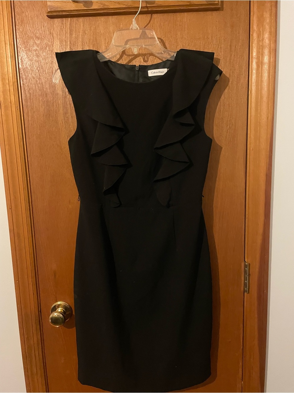 Calvin Klein Black Ruffle Sheath Dress with Cap Sleeves